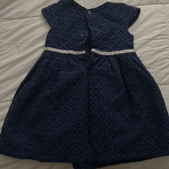 Carters Girls Navy Dress with Above Waist Silver Trim and Bow - Picture 3 of 3